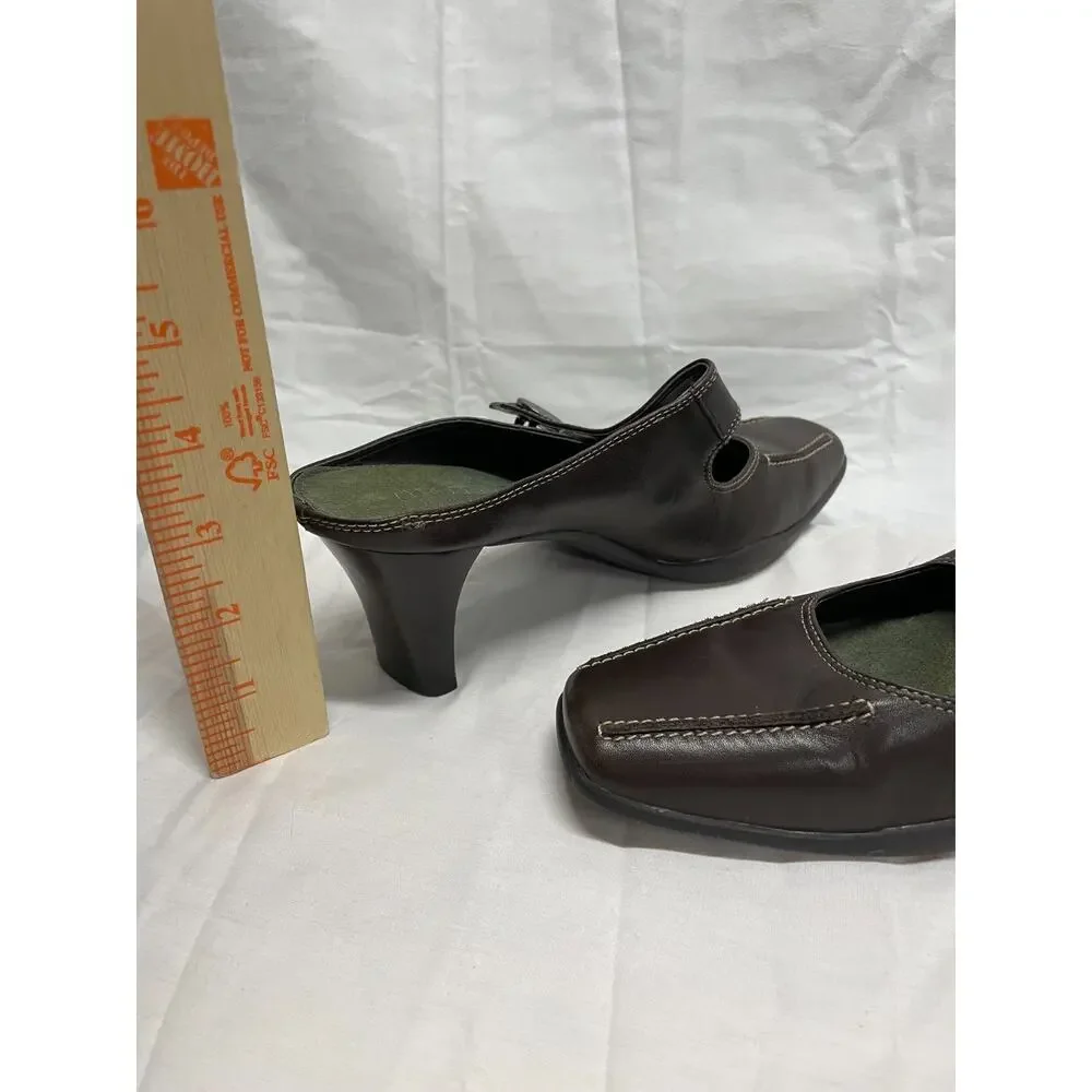 Aerosoles Women's Brown Leather Mules Sugar Snap Shoes Size 7.5 Block Heel